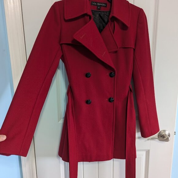 Via Spiga Red Wool Blend Belted Collared Peacoat Size 2 EUC - Picture 2 of 10